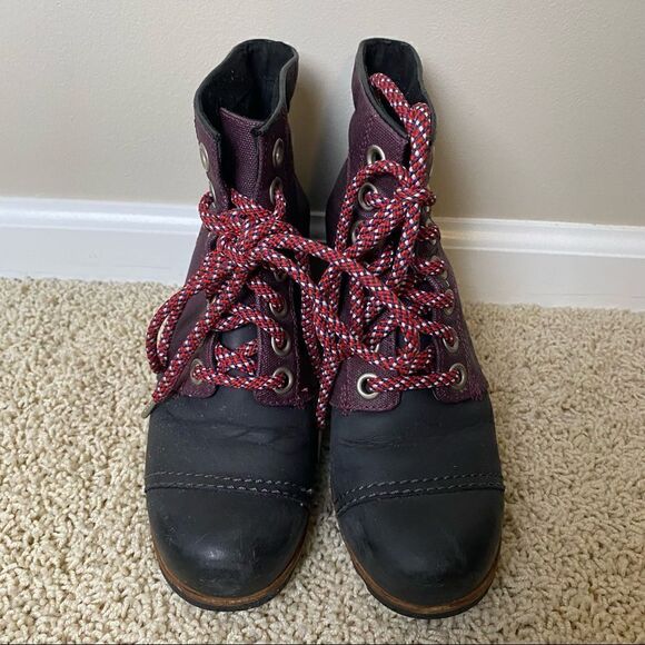 Sorel PDX Lace up Wedge Lexie Wedge Maroon Black Leather Canvas 6.5 - Picture 3 of 6
